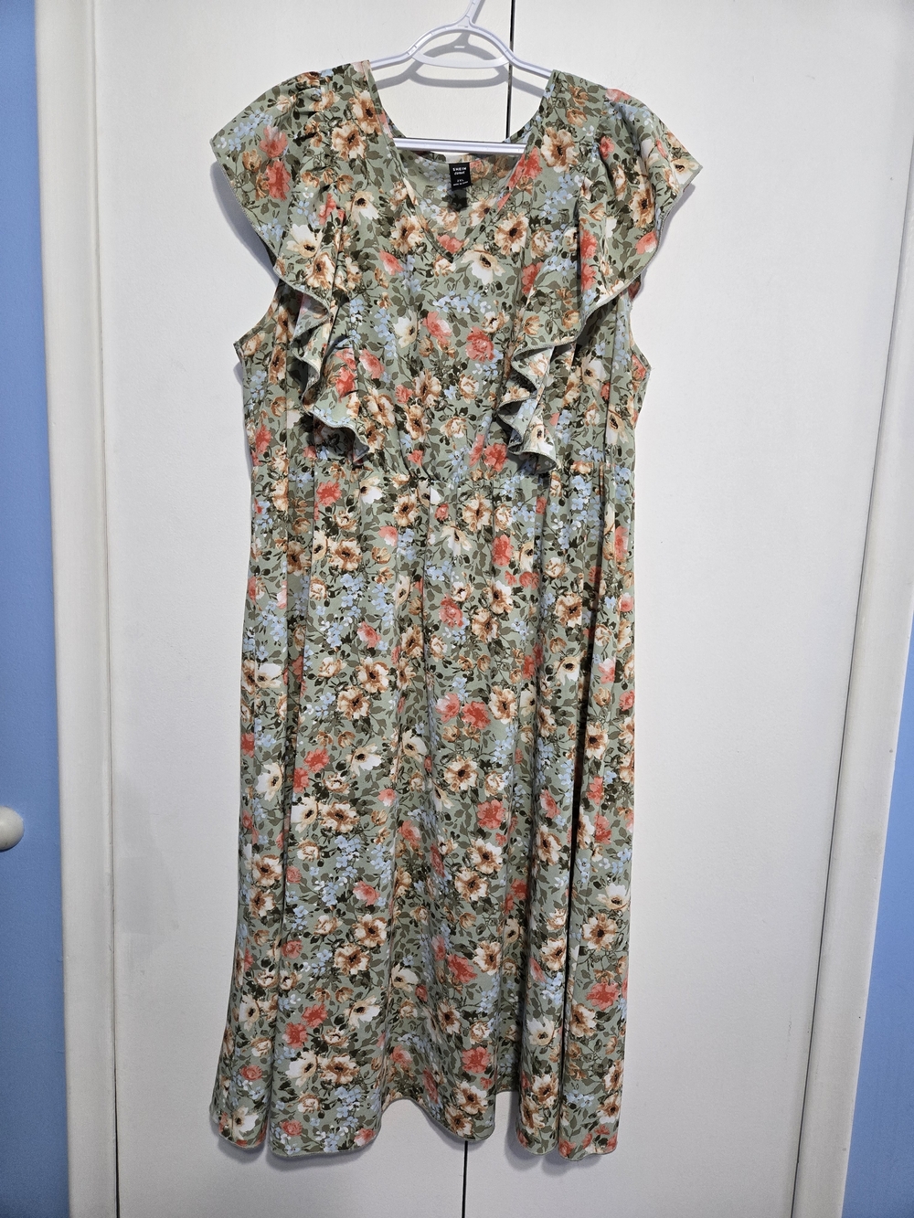 Shein Curve Floral Midi Dress 2XL Green Ruffle Sleeve Boho Flowy Summer Dress